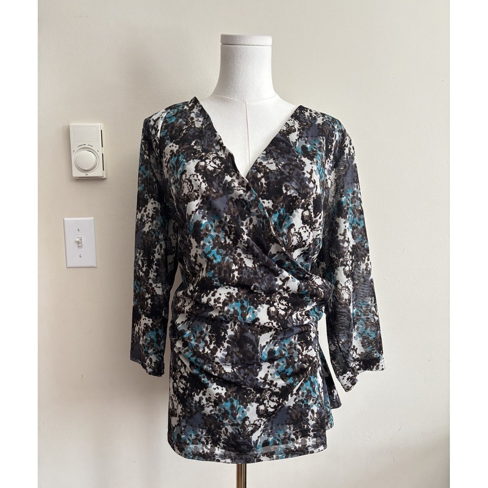 Coldwater Creek Womens Plus Size 3X Top Deep V Y2K Mesh Blue Brown Stretch Boho